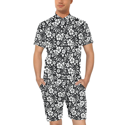 Floral Black White Themed Print Men's Romper