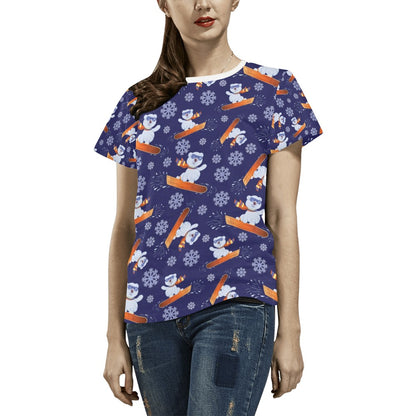 Snowboard Bear Print Design LKS305 Women's  T-shirt