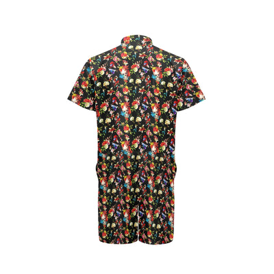 Skull Roses Flower Design Themed Print Men's Romper