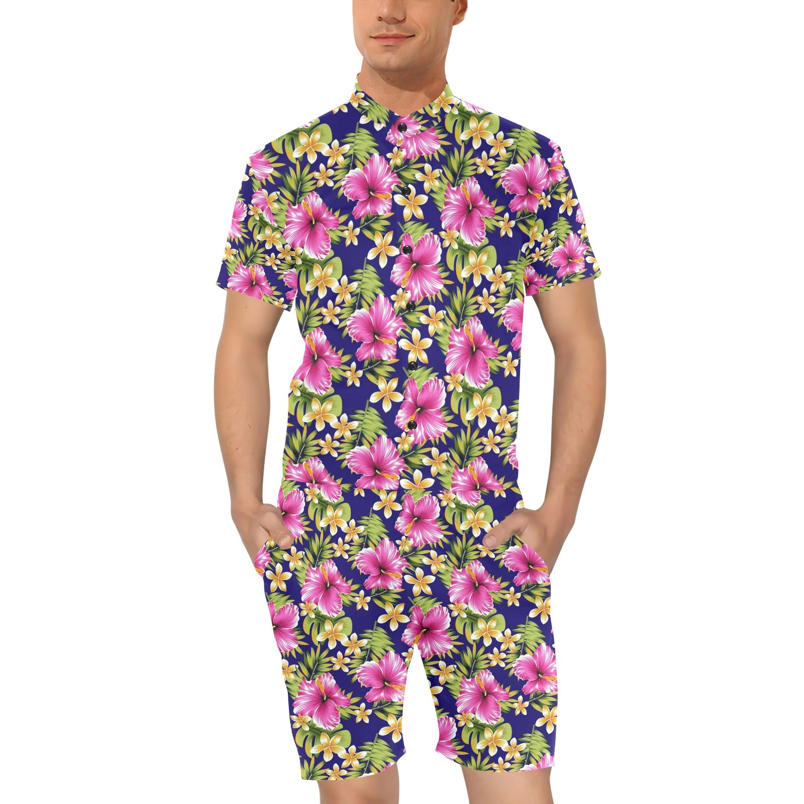 Pink Hibiscus Pattern Print Design HB027 Men's Romper