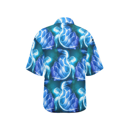Blue Neon Sea Turtle Print Women's Hawaiian Shirt