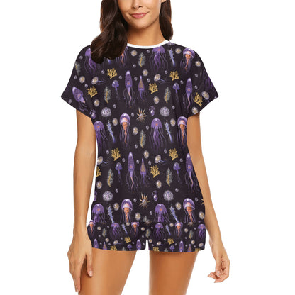 Seaweed With Jelly Fish Print Design LKS305 Women's Short Pajama Set