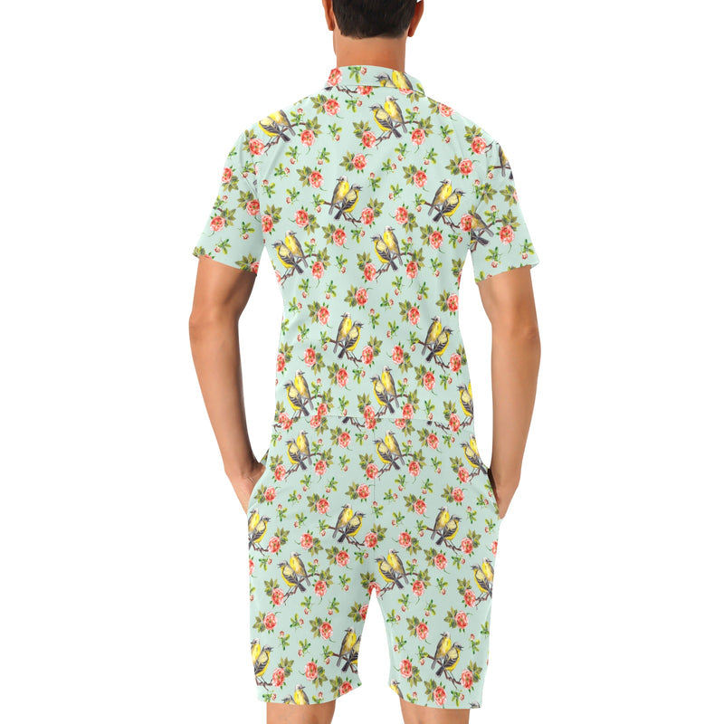 Bird with Red Flower Print Pattern Men's Romper