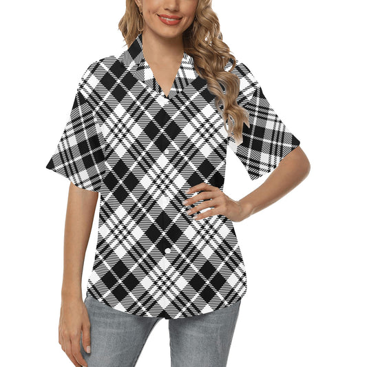 Plaid Black White Pattern Print Design A02 Women's Hawaiian Shirt