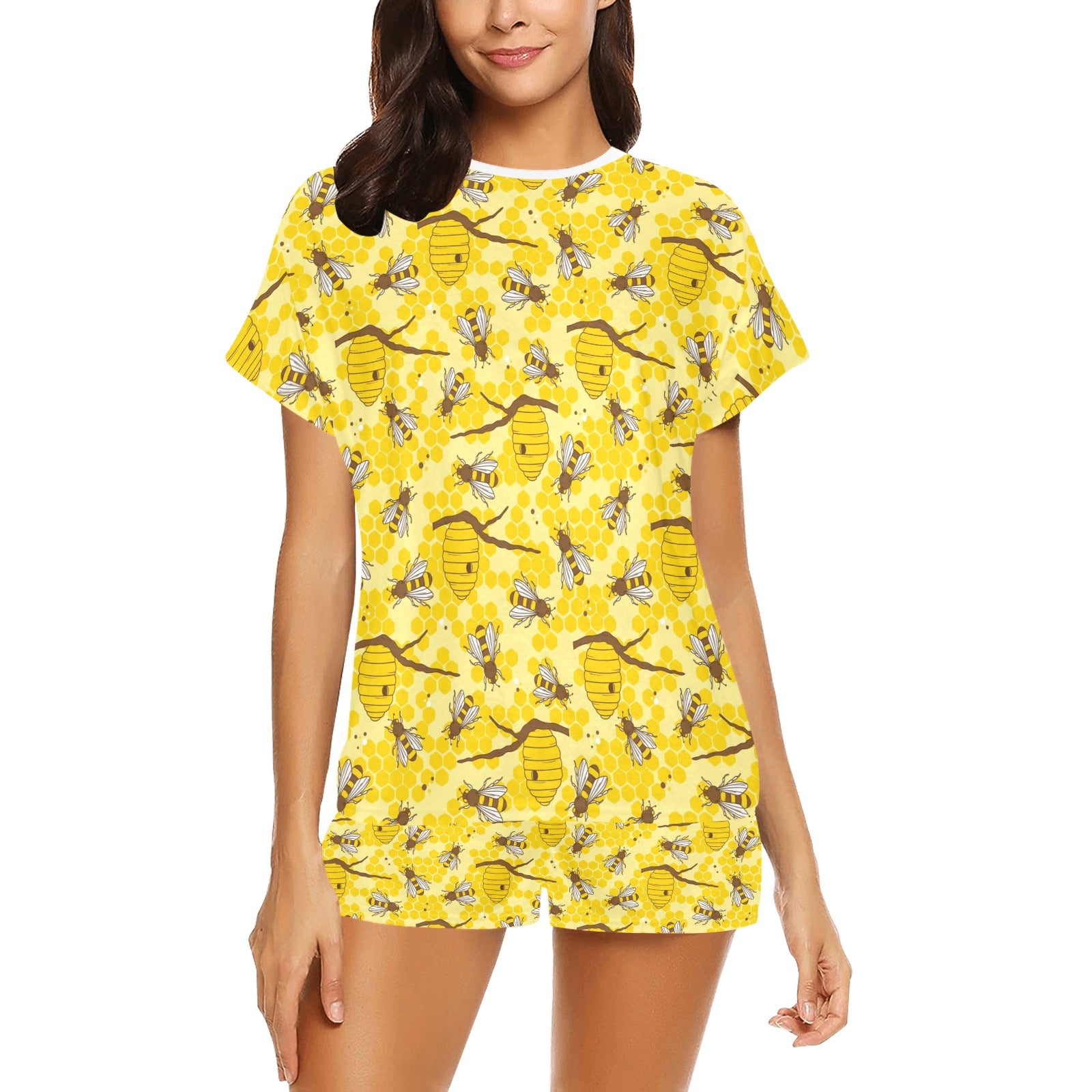 Bee With Honeycomb Print Design LKS302 Women's Short Pajama Set