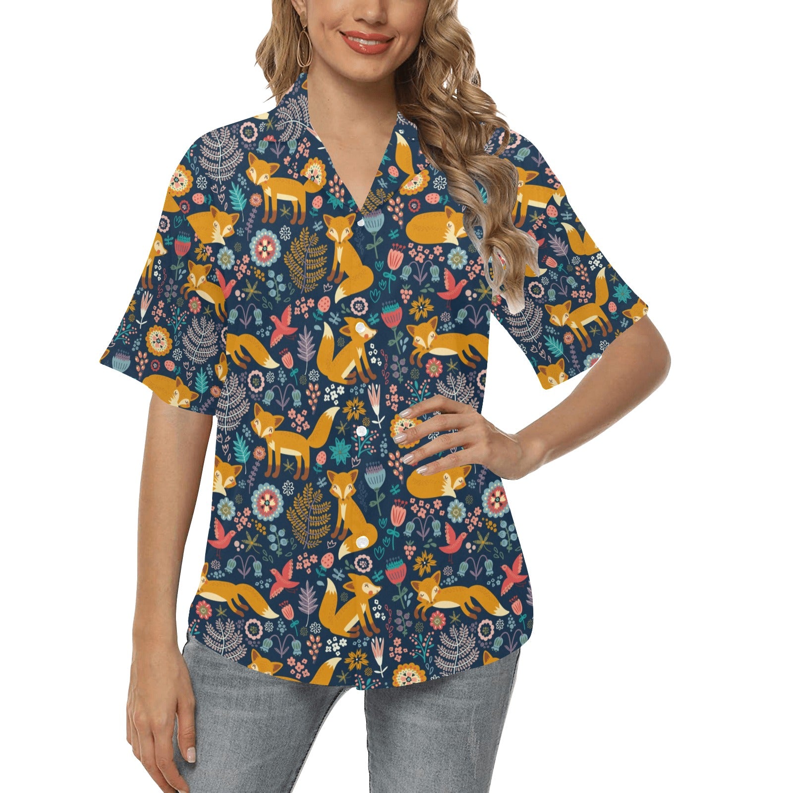 Fox Cute Jungle Print Pattern Women's Hawaiian Shirt
