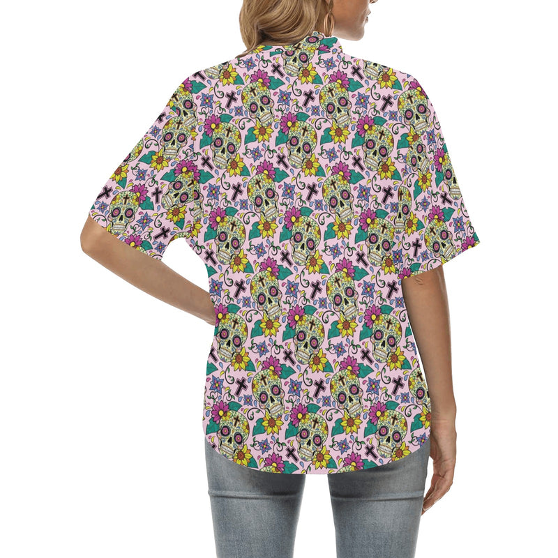 Sugar Skull Print Design LKS307 Women's Hawaiian Shirt