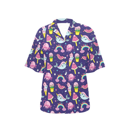 Narwhal Cute Pattern Print Design 02 Women's Hawaiian Shirt