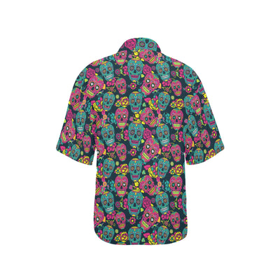 Sugar Skull Floral Design Themed Print Women's Hawaiian Shirt