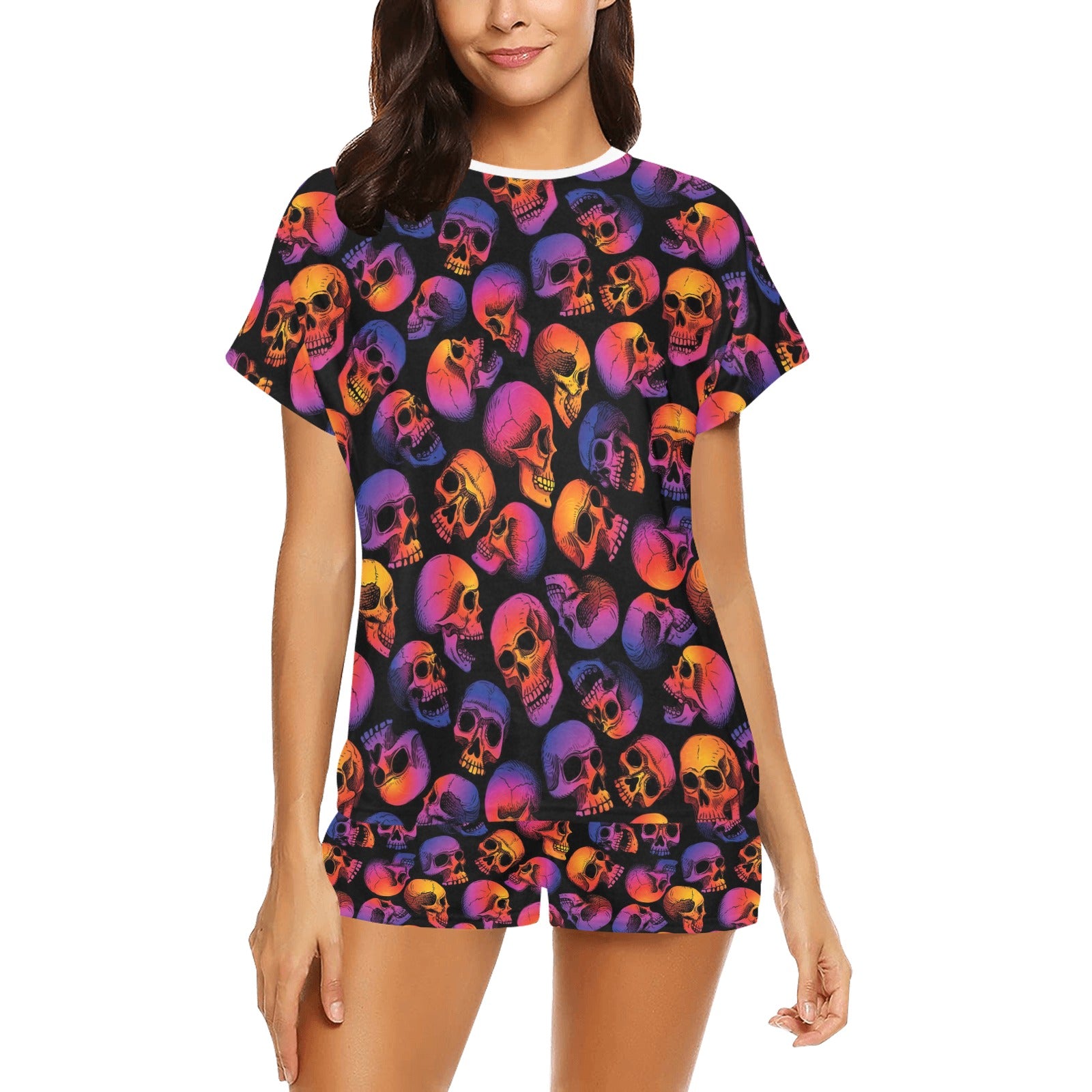 Skull Multicolor Print Design LKS3011 Women's Short Pajama Set