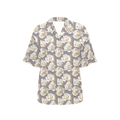 Elegant Grey Flower Print Women's Hawaiian Shirt