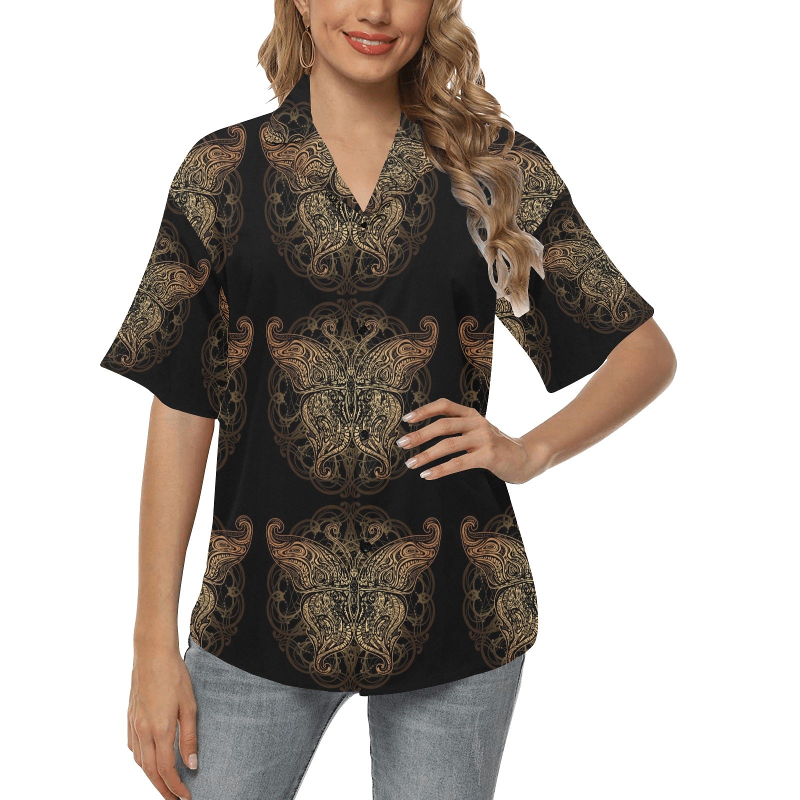 Gold Butterfly Ornamental Women's Hawaiian Shirt