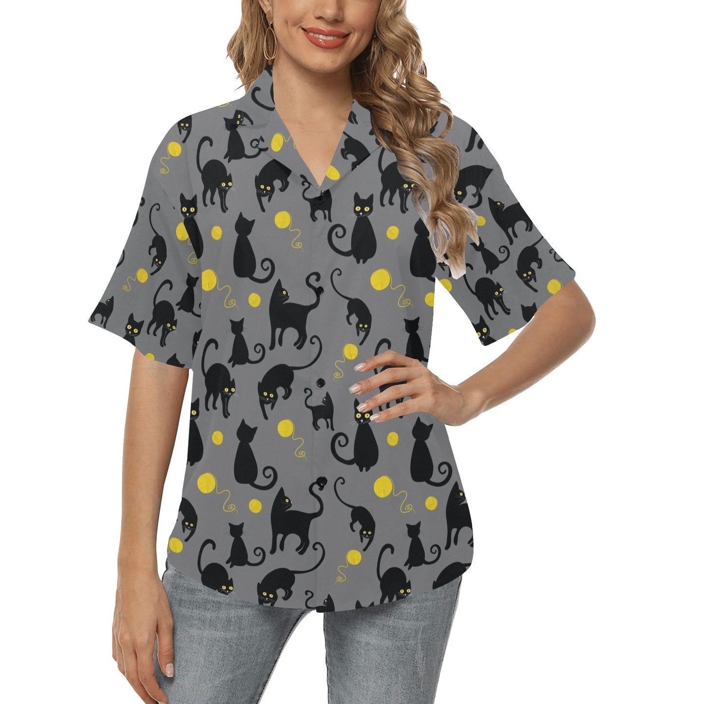Black Cat Yellow Yarn Print Pattern Women's Hawaiian Shirt