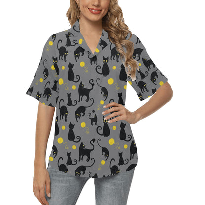 Black Cat Yellow Yarn Print Pattern Women's Hawaiian Shirt