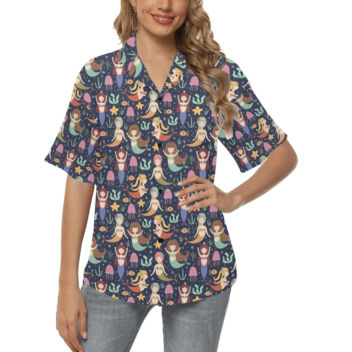 Mermaid Cartoon Pattern Print Design 03 Women's Hawaiian Shirt