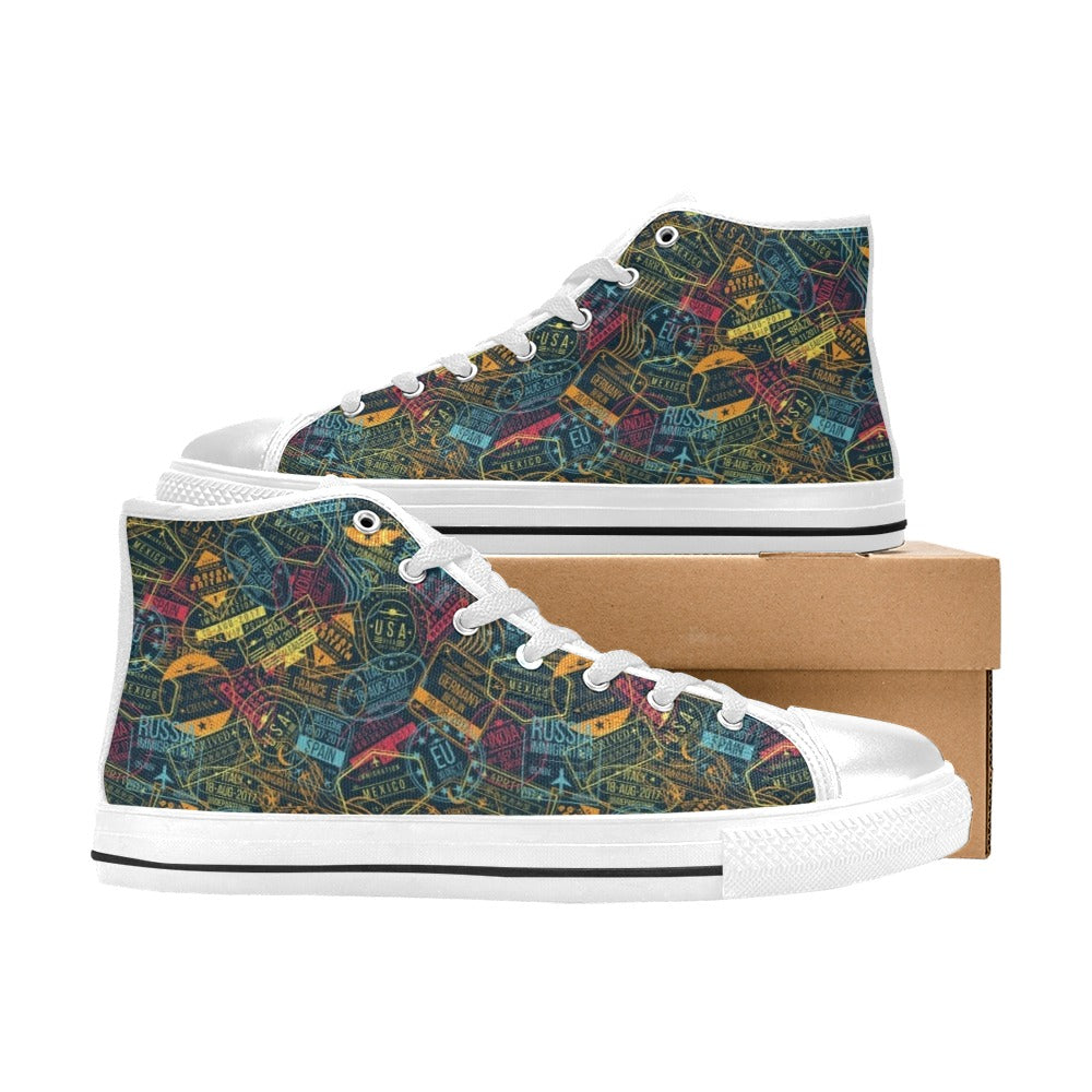 Travel Stamp Colorful Print Design LKS304 High Top Women's White Shoes
