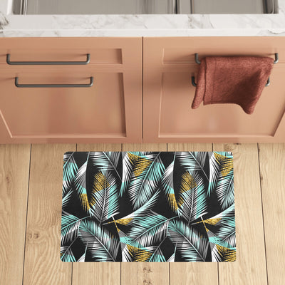 Gold Glitter Cyan Tropical Palm Leaves Kitchen Mat