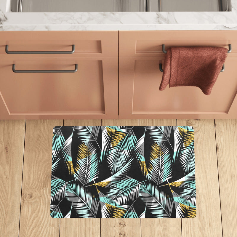 Gold Glitter Cyan Tropical Palm Leaves Kitchen Mat