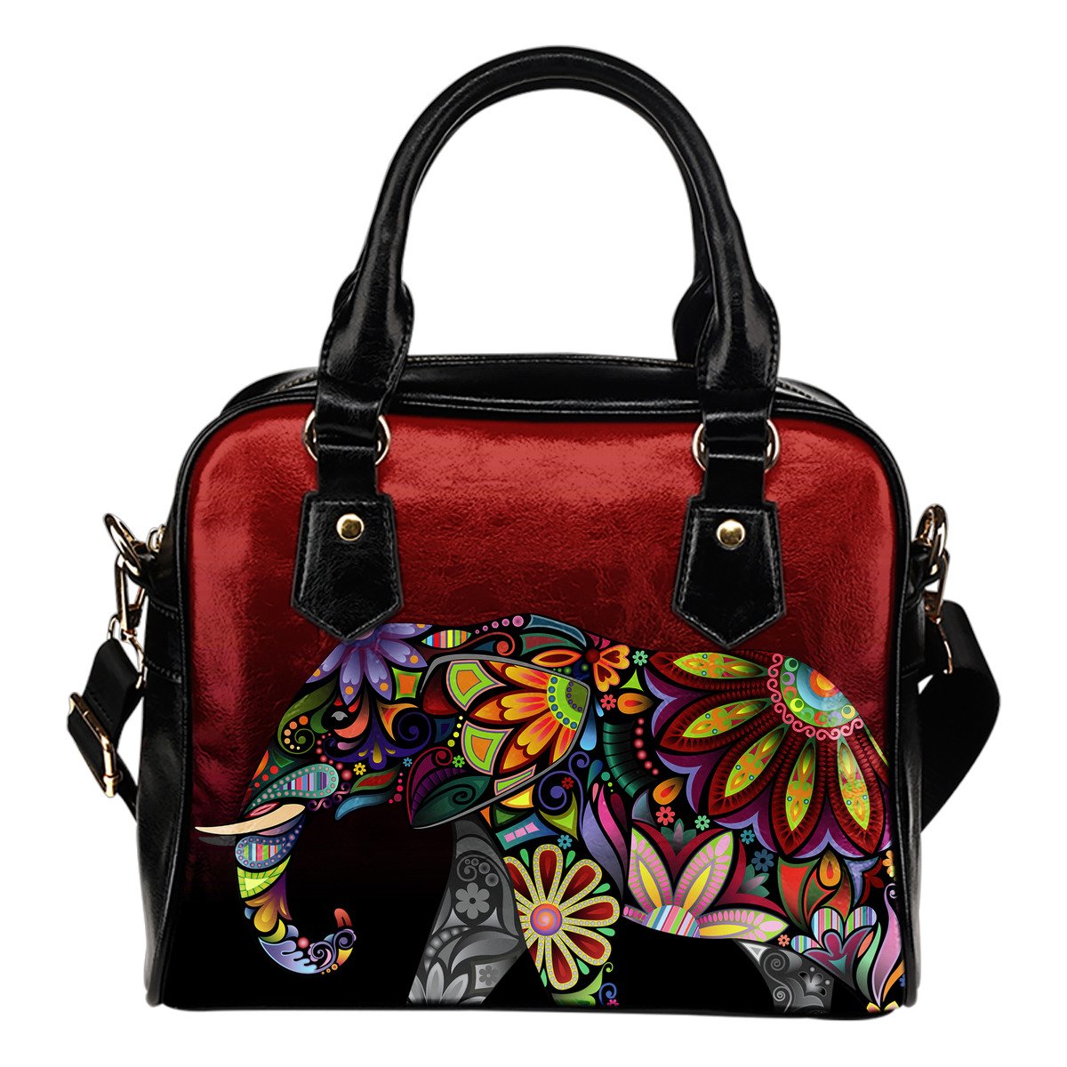 Elephant Colorful Indian Mandala Leather Shoulder Handbag