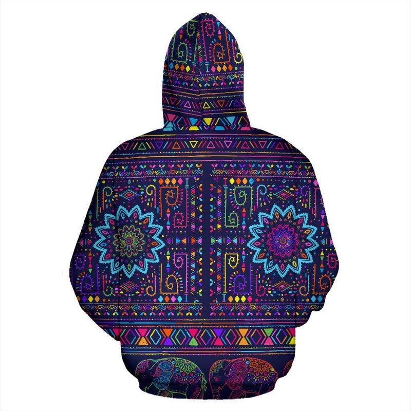 Elephant Colorful Indian Print All Over Zip Up Hoodie