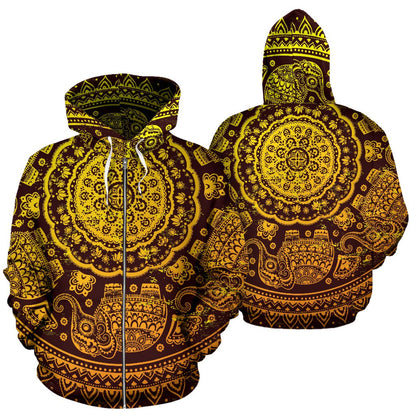 Elephant Gold Mandala All Over Zip Up Hoodie