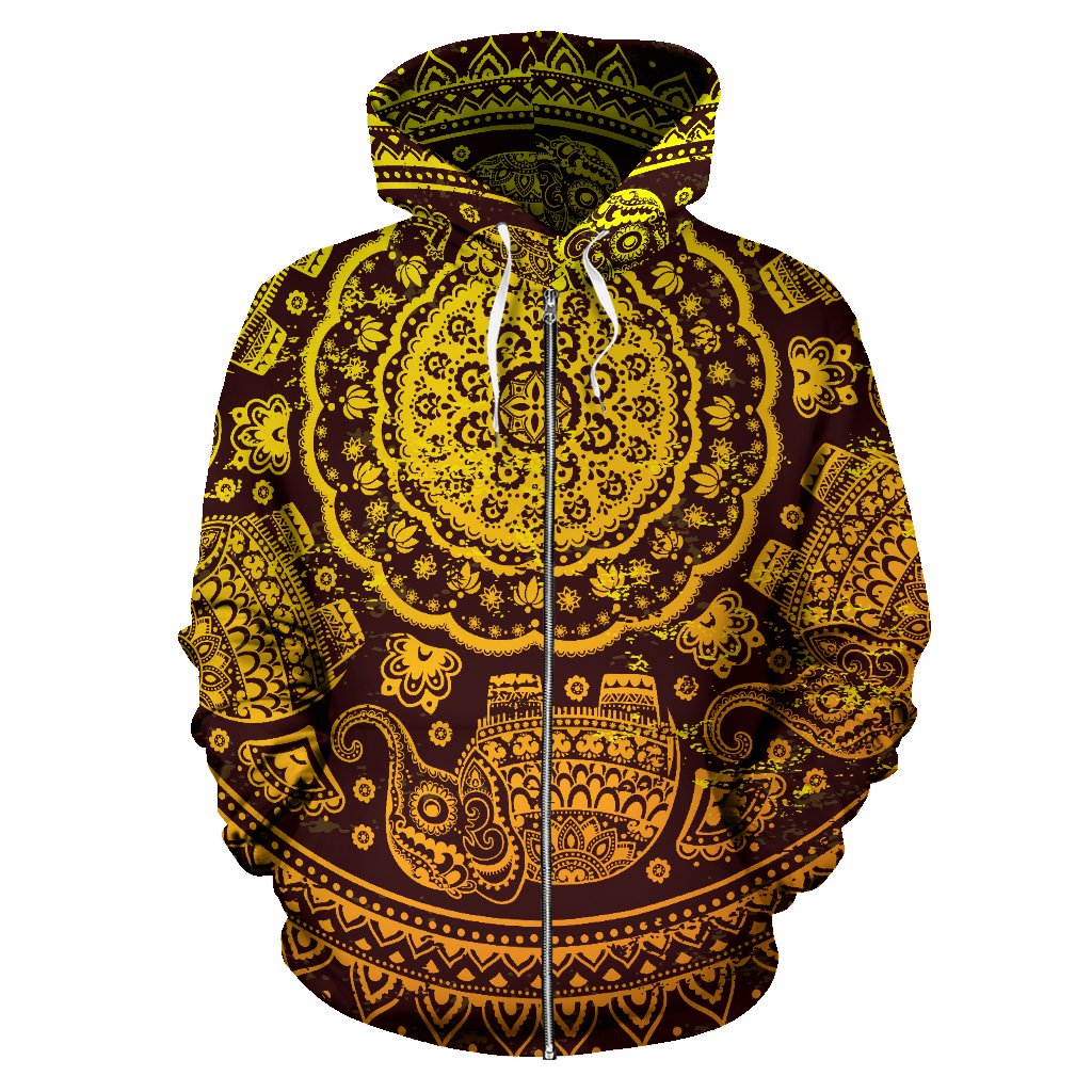 Elephant Gold Mandala All Over Zip Up Hoodie