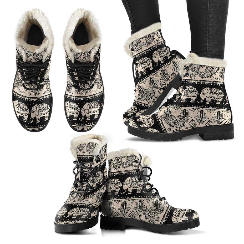 Elephant Hansa Lotus Pattern Faux Fur Leather Boots