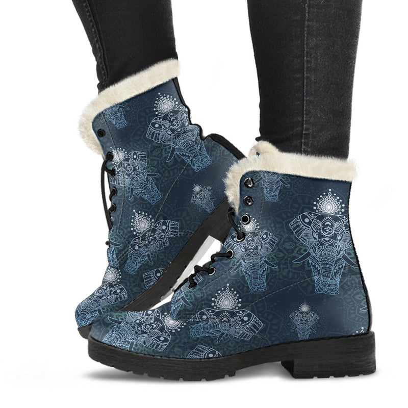 Elephant Mandala Faux Fur Leather Boots