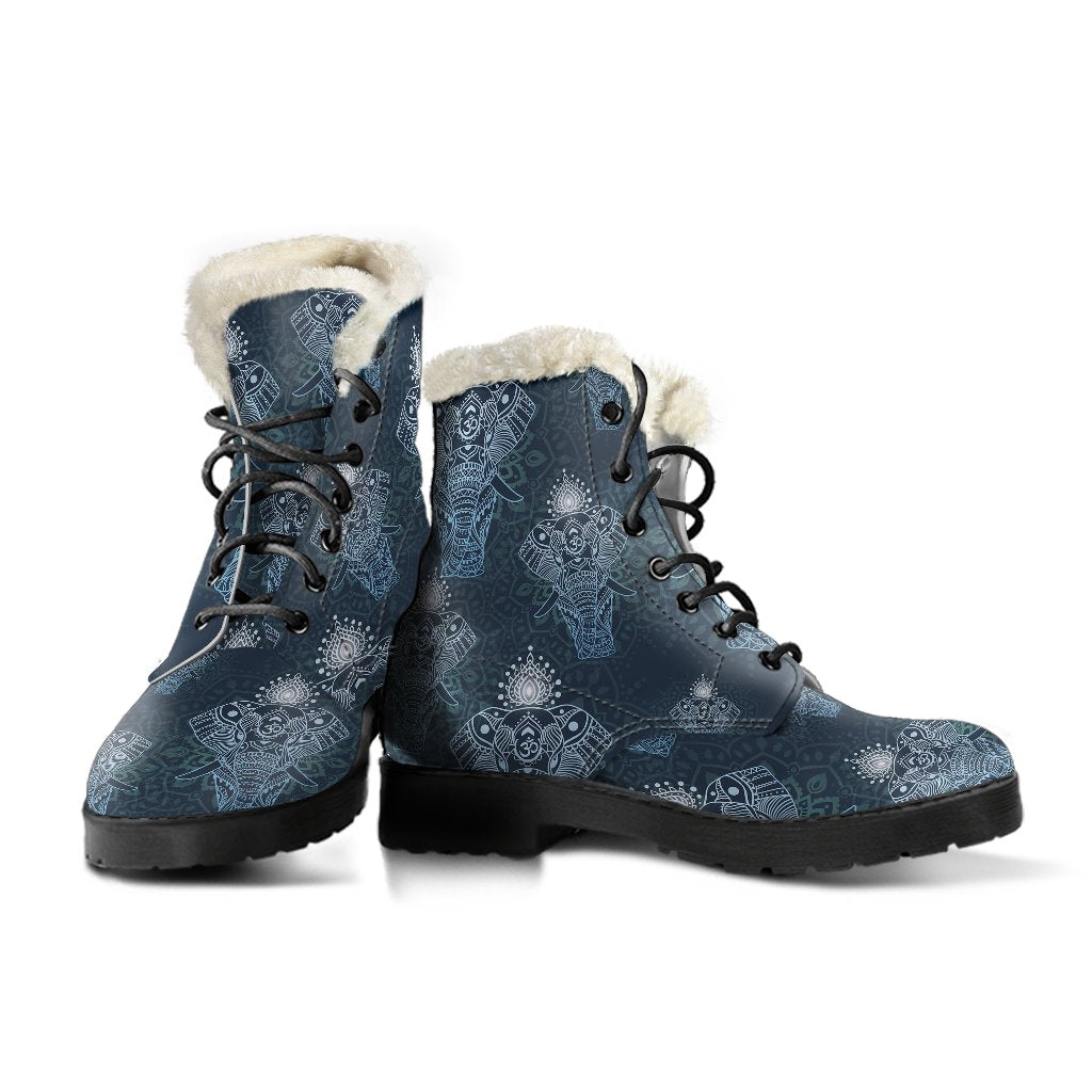 Elephant Mandala Faux Fur Leather Boots