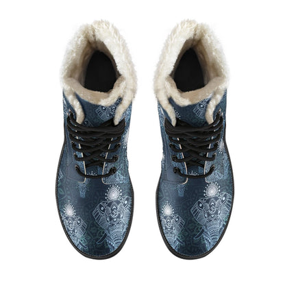 Elephant Mandala Faux Fur Leather Boots