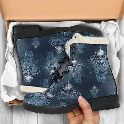 Elephant Mandala Faux Fur Leather Boots