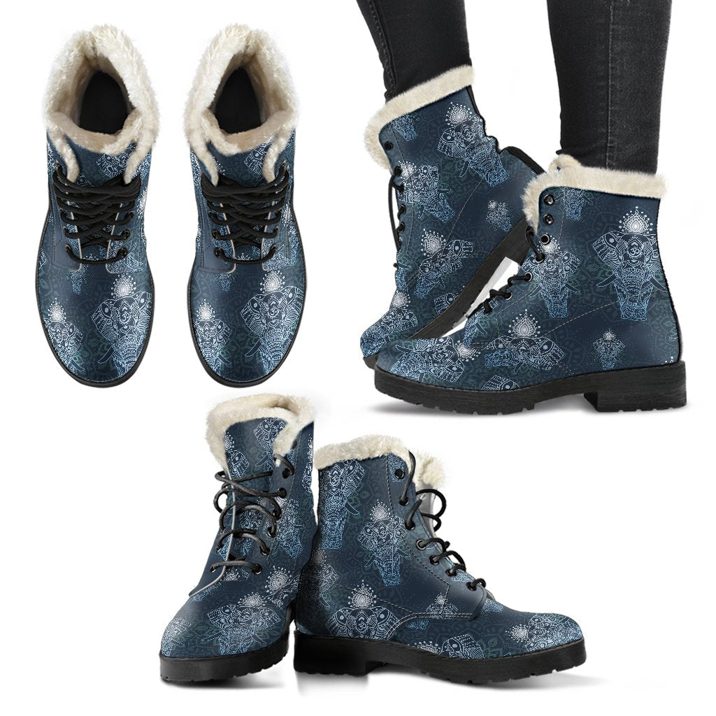 Elephant Mandala Faux Fur Leather Boots