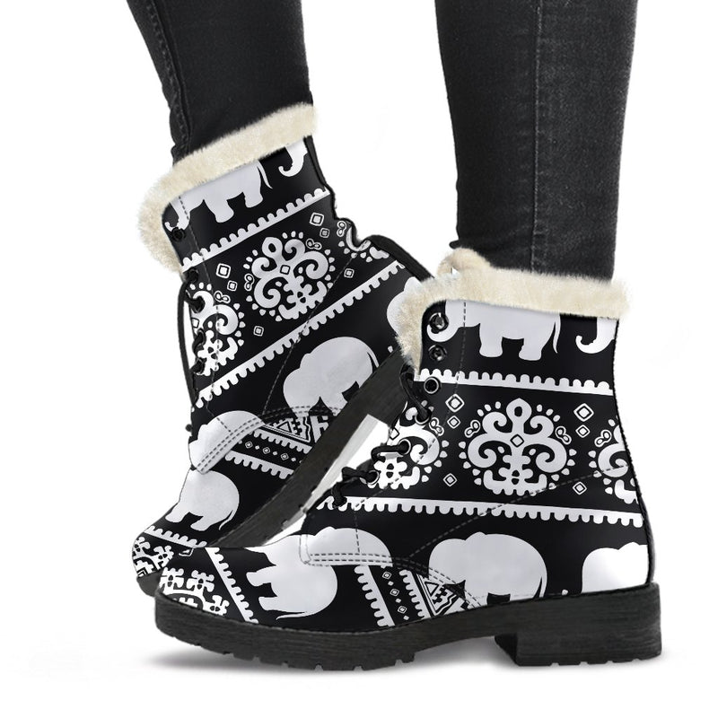 Elephant Pattern Faux Fur Leather Boots