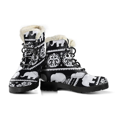 Elephant Pattern Faux Fur Leather Boots