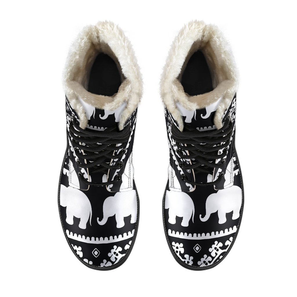 Elephant Pattern Faux Fur Leather Boots