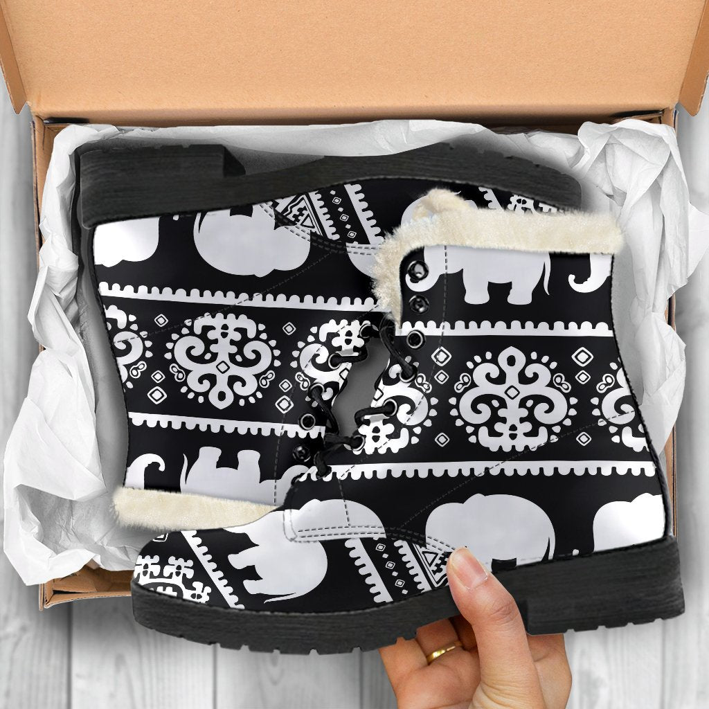 Elephant Pattern Faux Fur Leather Boots