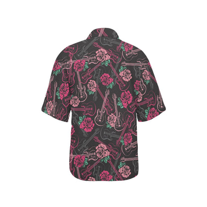 Bass Guitar Pink Rose Pattern Print Design 01 Women's Hawaiian Shirt