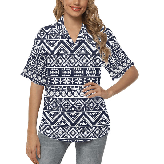 Blue White Tribal Aztec Women's Hawaiian Shirt