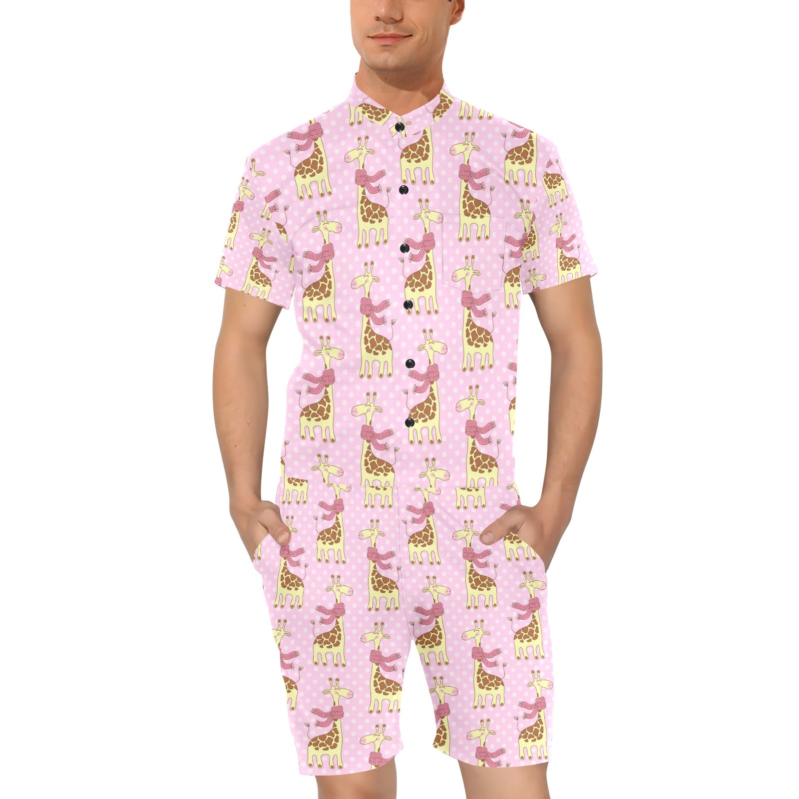 Giraffe Cute Pink Polka Dot Print Men's Romper