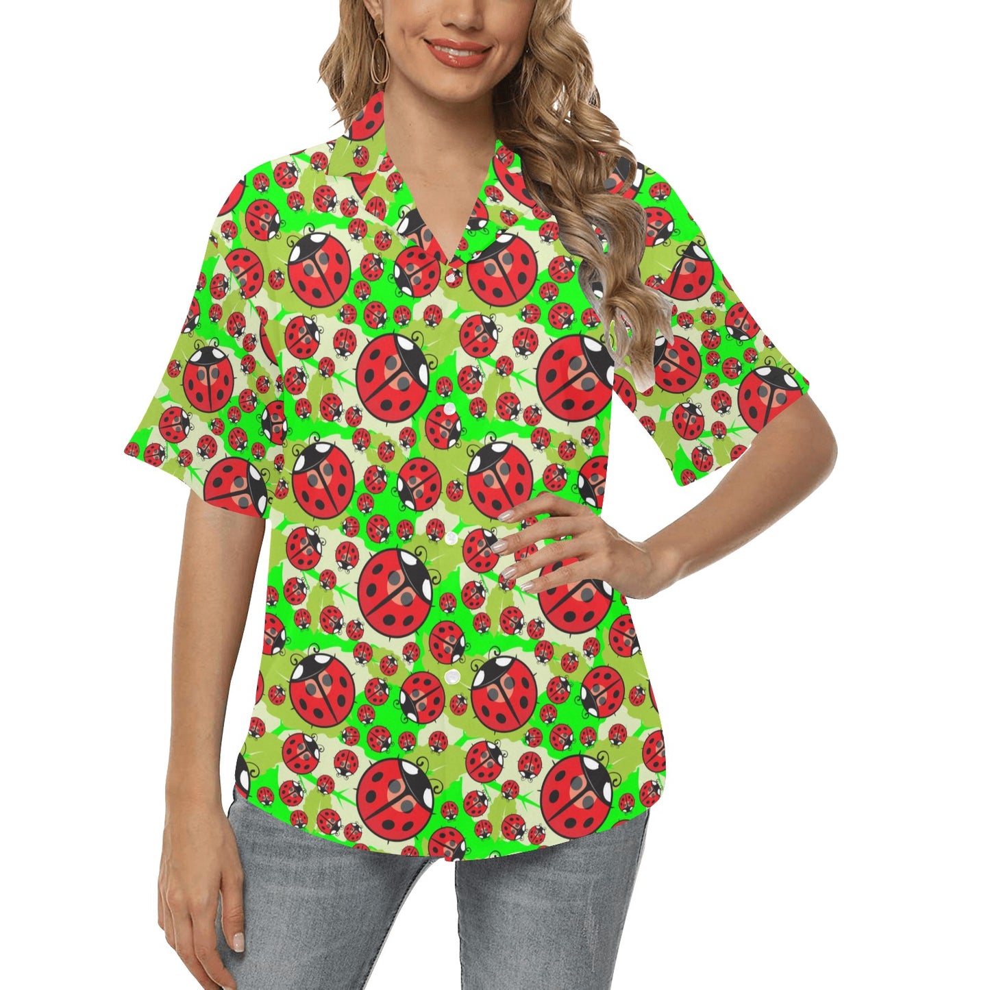 Ladybug with Leaf Print Pattern Women's Hawaiian Shirt