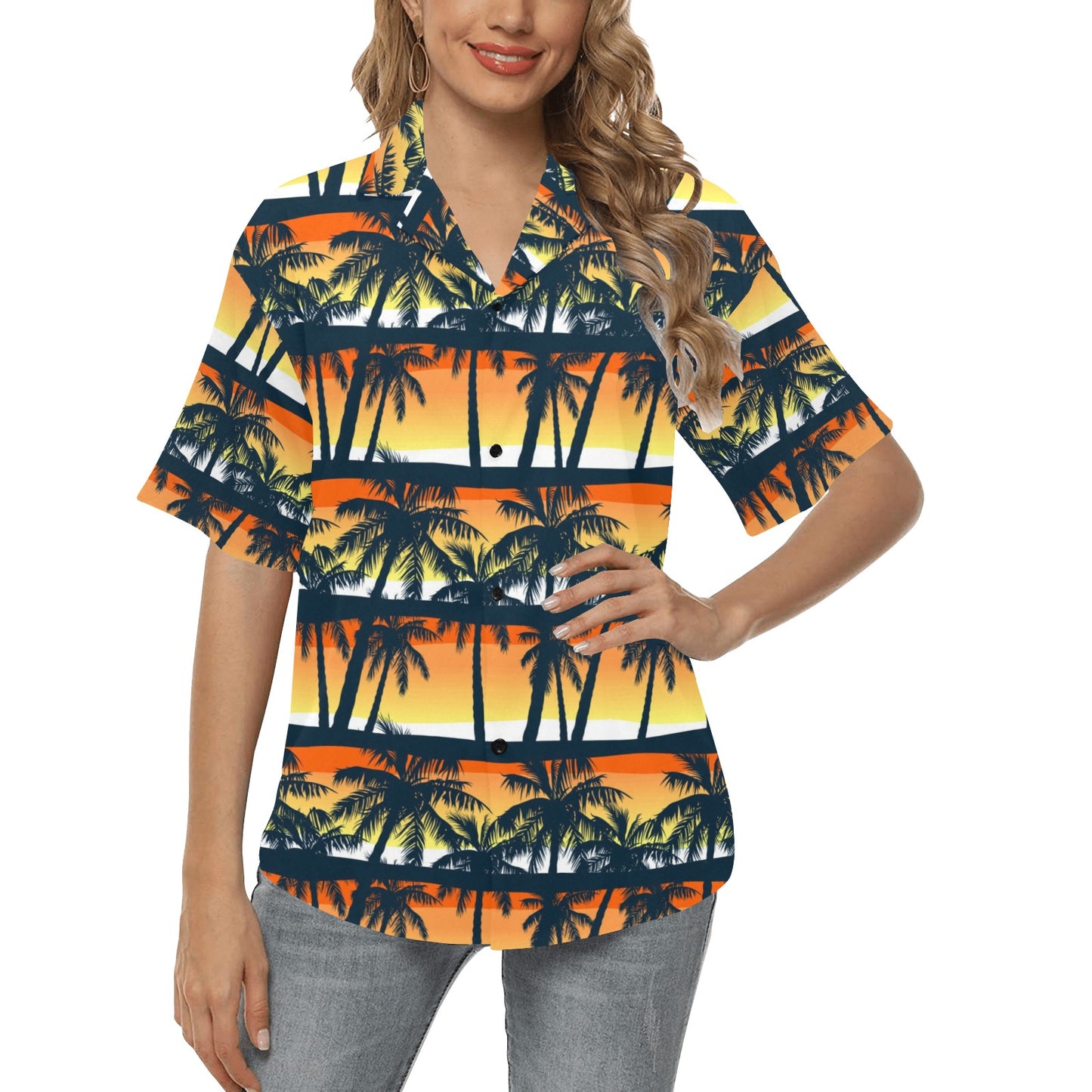 Palm Tree Sunset Design Print Women's Hawaiian Shirt