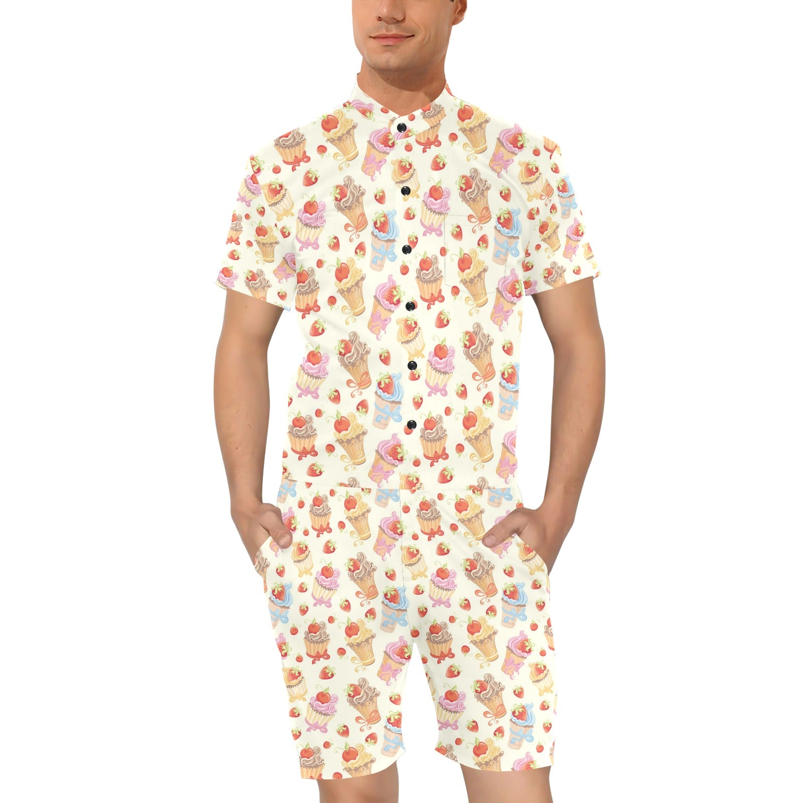 Cupcakes Strawberry Cherry Print Men's Romper