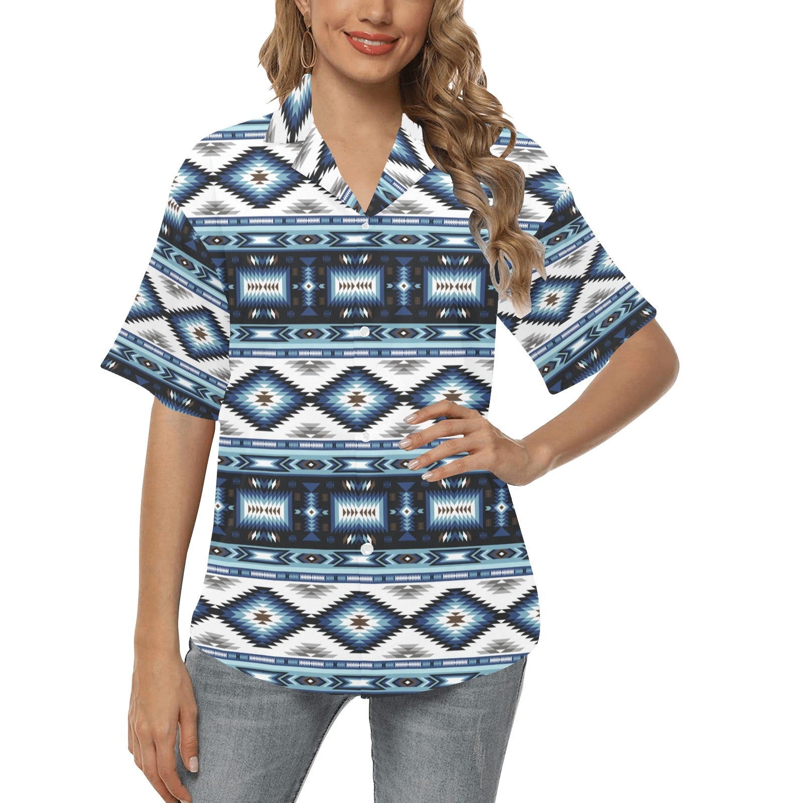 Navajo Dark Blue Print Pattern Women's Hawaiian Shirt
