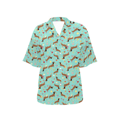 Dachshund with Floral Print Pattern Women's Hawaiian Shirt