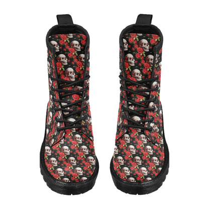 Red Rose Skull Design Print Women's Boots