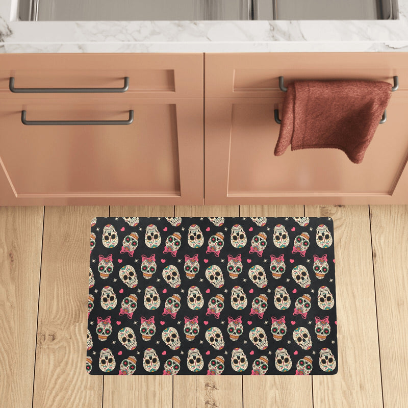 Sugar Skull Pink Bow Themed Print Kitchen Mat