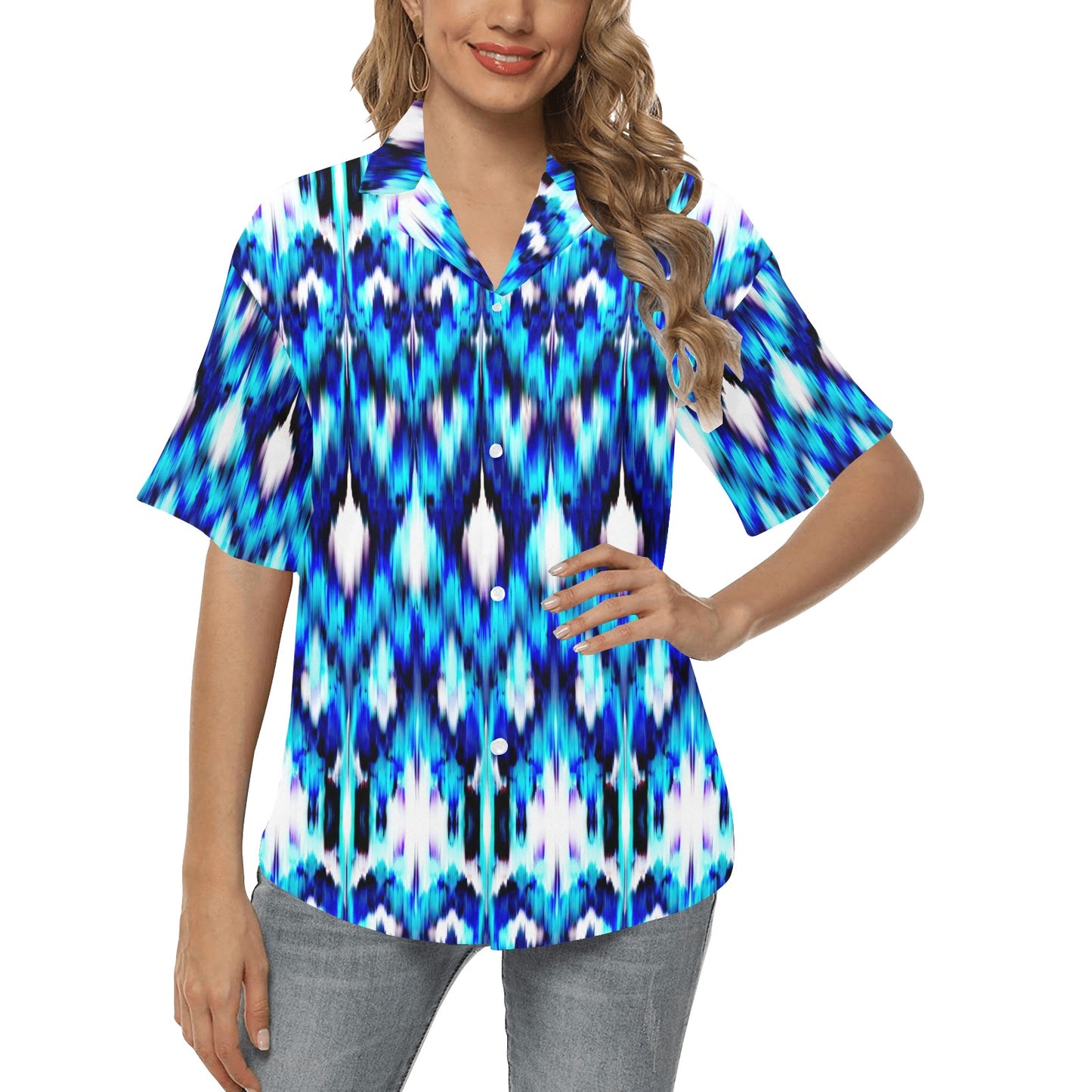 Ikat Blue Pattern Print Design 01 Women's Hawaiian Shirt
