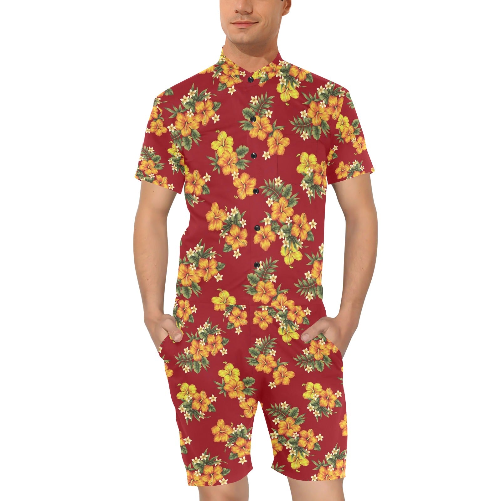 Orange Hibiscus Pattern Print Design HB026 Men's Romper