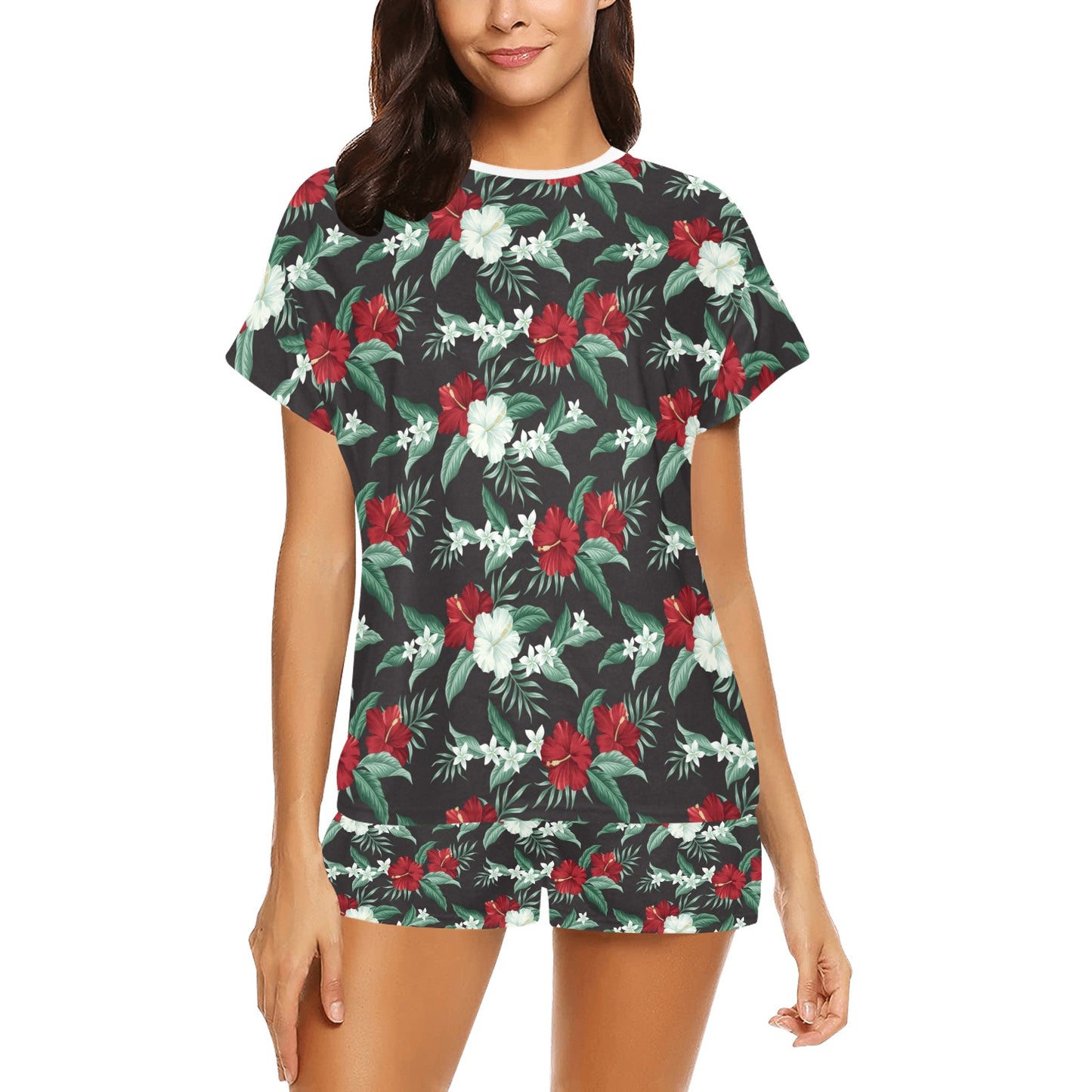 Tropical Flower Print Design LKS303 Women's Short Pajama Set
