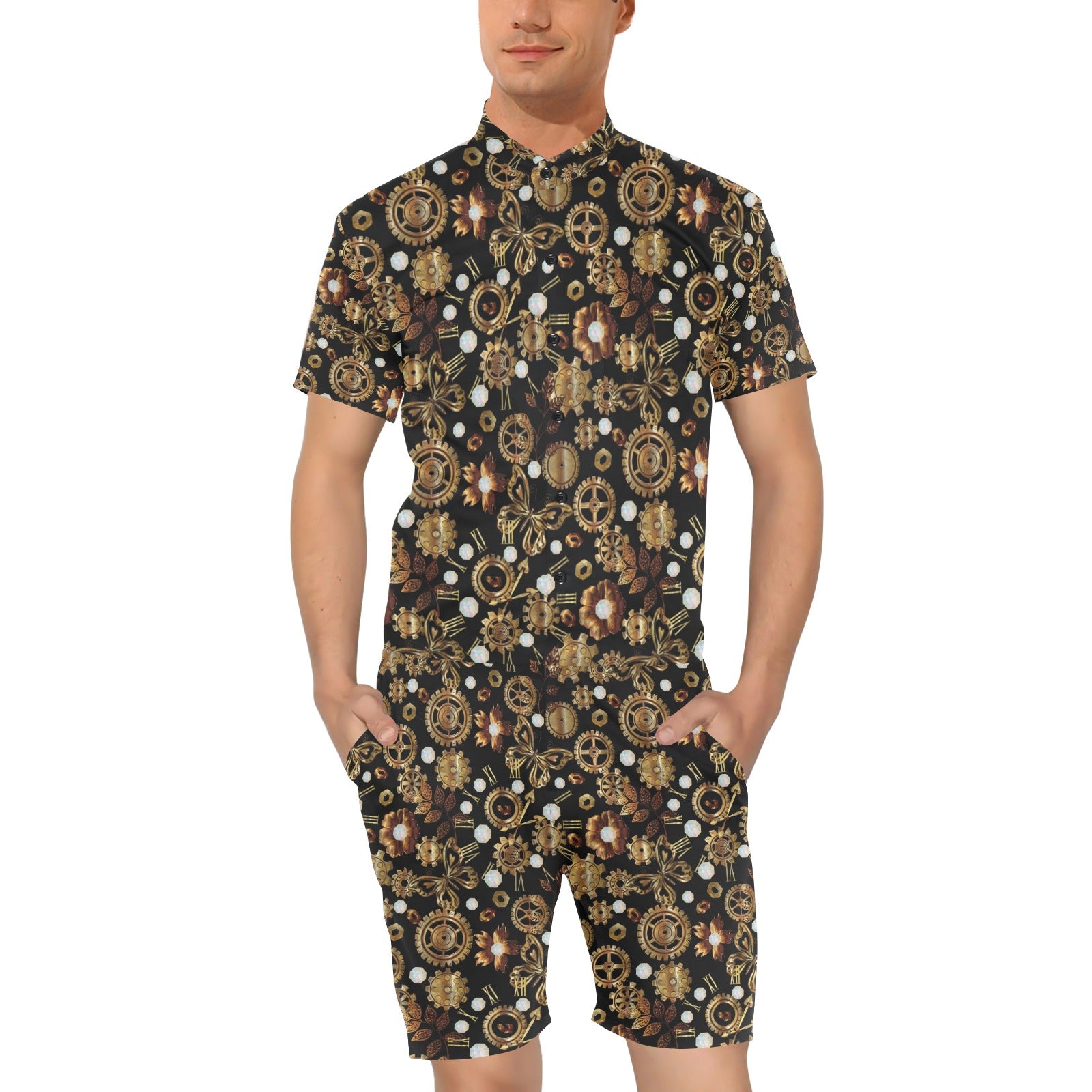 Steampunk Butterfly Design Themed Print Men's Romper